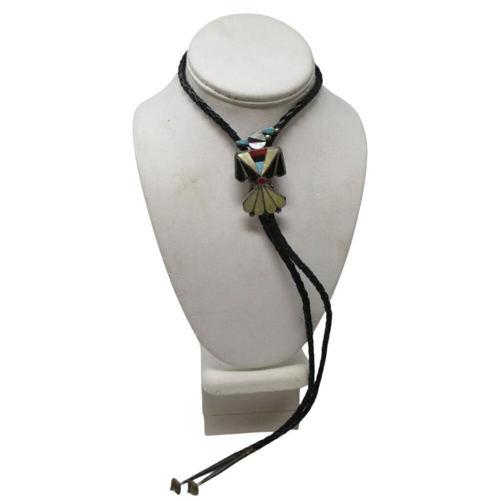 Vintage Zuni Peyote‎ Bird Bolo Tie Turquoise Coral Inlay Sterling Style